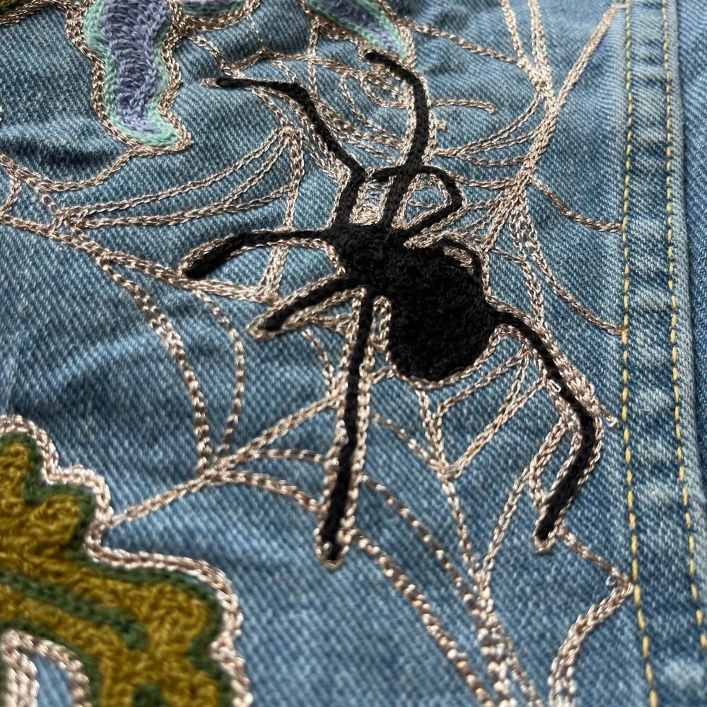 Vintage 70s Lee 101J Denim Jacket Chain Stitch Butterfly Embroidery Blue Mens